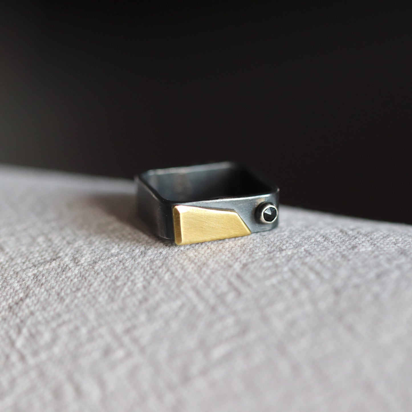 silver brass mix metal ring black spinel square unique contemporary