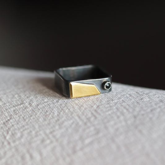silver brass mix metal ring black spinel square unique contemporary