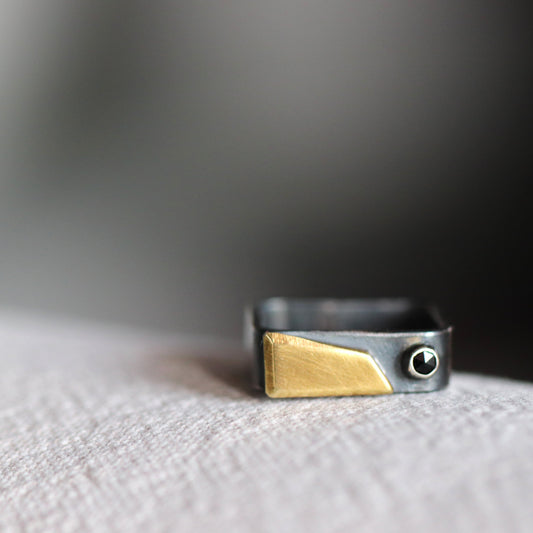 silver brass mix metal ring black spinel square unique contemporary jewelary artisan